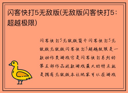 闪客快打5无敌版(无敌版闪客快打5：超越极限)